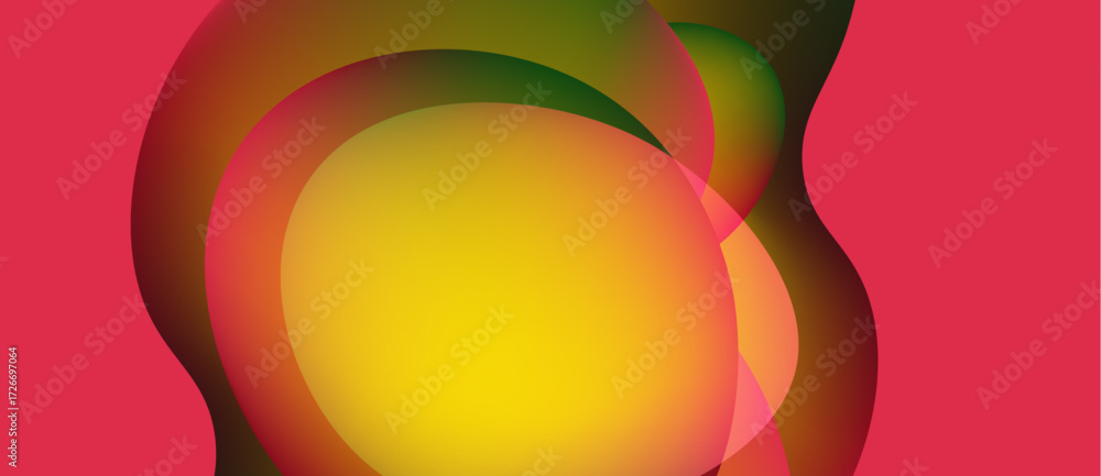 Poster abstract composition featuring overlapping colorful shapes. yellow, green, red hues blend creating d