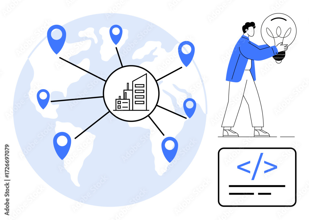 Aufkleber blue map with location markers connected to a city hub, man holding lightbulb, and coding tag. ideal