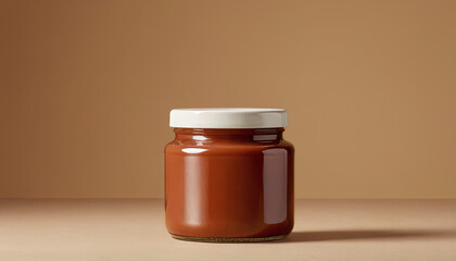 Sauce jar mockup on brown background with natural lighting  