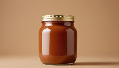 Sauce jar mockup with golden lid on neutral background  