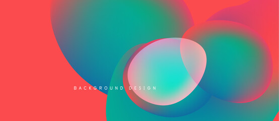 Abstract fluid shapes overlap, creating vibrant color gradients. Red, turquoise, purple blend seamlessly. Modern design element.