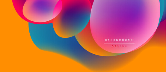 Abstract vibrant shapes overlap, creating fluid colorful composition. Orange background complements magenta, blue hues. Modern design element.