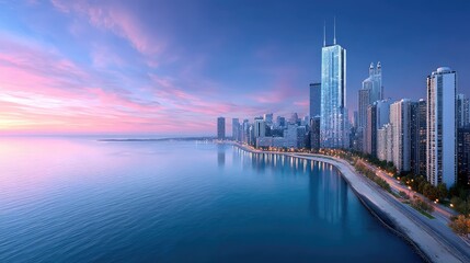 Fototapeta premium Cityscape Aerial View with Blue and Purple Sky at Dusk HDR Urban