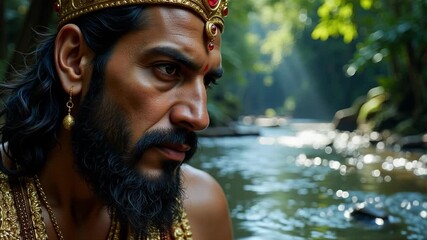 Lord Yama's divine presence shimmers in a 4K video, bringing ancient Hindu spirituality to life with sparkling water and profound reverence