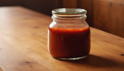 Sauce jar mockup on wooden table with rich red sauce inside  