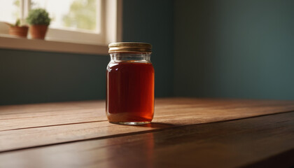 Sauce jar mockup on wooden table with natural light and green wall  
