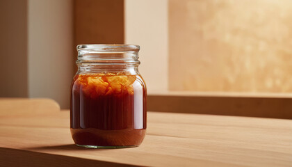 Sauce jar mockup with chunky sauce on wooden table background  