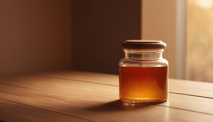 Sauce jar mockup on wooden table with warm lighting  