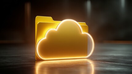 A glowing yellow cloud-shaped folder symbolizing digital storage and accessibility.