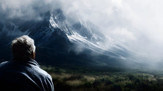 An elderly man seen from behind gazes reflectively at a vast misty mountain range symbolizing a life s journey and peaceful retirement