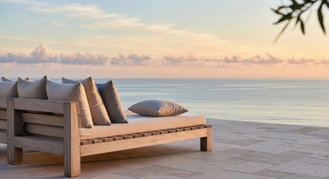 Luxury outdoor living: Comfortable daybed on a patio overlooking the calm sea at sunset perfect - Powered by Adobe