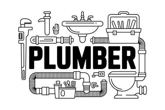Black and White Plumber Illustration with Tools and Fixtures Perfect for Plumbing Services Advertising and Marketing Campaigns