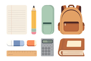 Back to School Stationery Supplies Illustration for Education and Learning Flat Vector Style Design with Backpack Notebook Pencil and Calculator