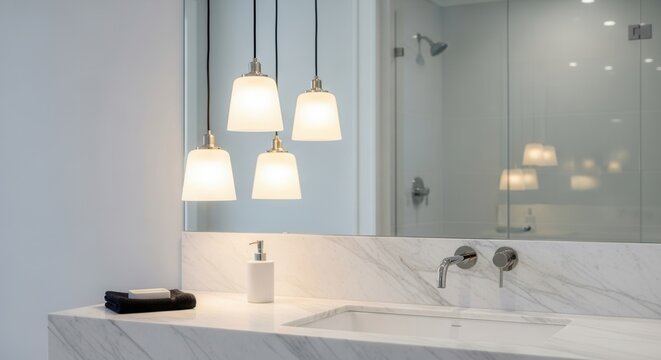 Modern bathroom interior featuring marble countertop, stylish lighting and glass shower creating a - Powered by Adobe