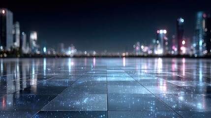 Cityscape at Night with Blue Glowing Hologram Futuristic Cyber Background in Dark Tone