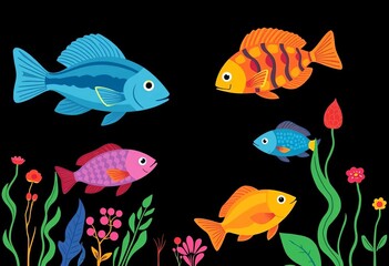 Naklejka premium Vibrant stylized fish & aquatic plants, black background , pattern, texture