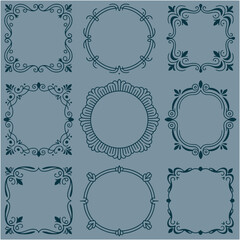 Collection of vintage ornate frames in mixed styles, including baroque, rococo, Victorian, and decorative floral motifs. Intricate linework, symmetrical and asymmetrical shapes, flourishes, filigree, 