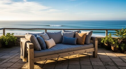 Seaside tranquility: Relaxing outdoor daybed with ocean view and gentle light ambiance