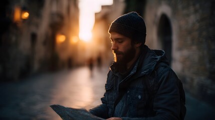 A traveler consults a map on a sunlit street in an old European town