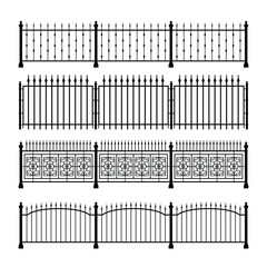 Set of four wrought iron fence designs in black and white on a clean white background. Features vertical bars, pointed tops, floral patterns, arches, and decorative finials in graphic style.