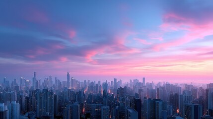 Fototapeta premium Cityscape at Sunset with Skyline Under Colorful Sky in Twilight in Blue and Purple Color with Distant Towers and Urban Sprawl Featuring Pixelated Buildings
