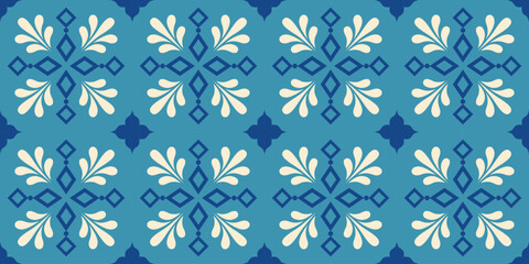Abstract floral geometric seamless background. Tribal motif. Mediterranean blue tiles ornament. Interior design. Vector illustration.