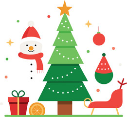 Vector art of a charming christmas scene with a snowman, a decorated christmas tree, a gift box, and a sleigh, evoking winter holiday cheer, isolated on a clean for versatile design applications