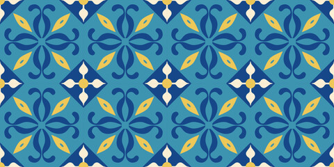 Mediterranean tiles seamless pattern. Maroccan, Tunisian, Turkish, Spanish, Italian ornament. Mosaic, patchwork. Tribal background, wallpaper. Vector illustration.