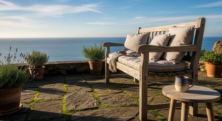 Tranquil ocean view with inviting wooden bench and peaceful garden setting providing idyllic escape