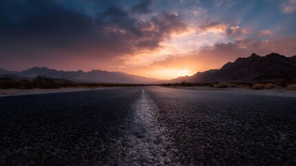 An empty desert highway stretches towards a dramatic sunset with colorful clouds over distant mountains