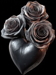Three dark roses, a moody arrangement, encircle a heart-shaped object against a stark black background.