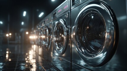 A close-up view of modern washing machines in a sleek, illuminated laundromat, featuring shiny metallic surfaces.