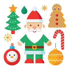 Obraz premium Vector art of flat vector illustration of santa claus in a green outfit, surrounded by christmas trees, ornaments, candy cane, and gingerbread man