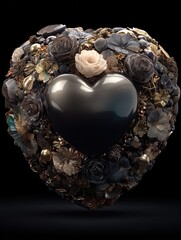 A heart-shaped structure, meticulously crafted from various floral and decorative elements, is highlighted by rich dark hues and detailed textures.