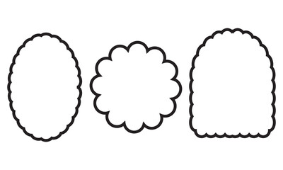 Scalloped outline shapes icon. Black outline set of three scalloped shapes including oval, flower and arch designs, useful for decoration, frames, or labels.
