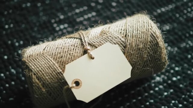 Roll of twine with a tag, close-up on a dark patterned background
