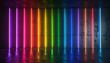 Neon rainbow lines on concrete walls