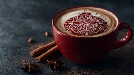 A festive red cup of coffee topped with intricate latte art resembling a holiday ornament.