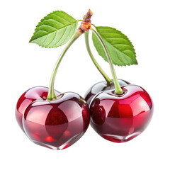 Three ripe cherries with leaves isolated on transparent background, close up view
