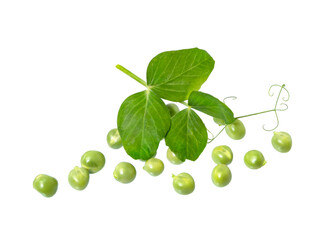 Green peas and leaves isolated on white