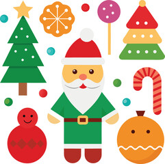 Fototapeta premium Vector art of whimsical flat illustration showcasing santa claus alongside christmas trees, a lollipop, candy cane, and festive elements
