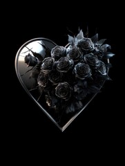 A dark, metallic heart-shaped frame holds a cluster of somber, black roses, evoking a sense of melancholy and fragility.