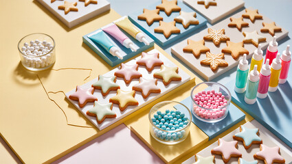 Creative cookie decorating fun with pastel colors and festive shapes