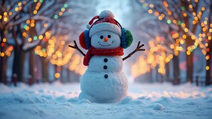 A cheerful snowman with earmuffs and a santa hat stands in a snowy park with festive lights christmas snowman video - Powered by Adobe
