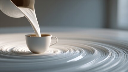 Obraz premium A serene image of creamy milk being poured into a white cup, creating beautiful swirling patterns on a smooth surface.