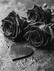 Black roses and a heart-shaped object on a textured surface, evoking a sense of melancholy and quiet beauty.