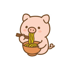 Cute Cartoon Pig Eating Noodles