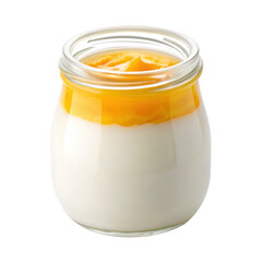 Jar of yogurt with mango puree isolated on transparent background, healthy food