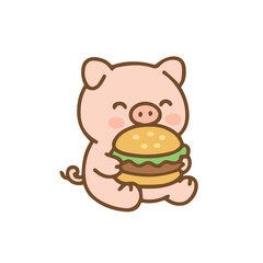 Cute Pig Eating a Hamburger Cartoon