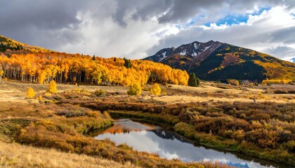 Autumnal mountain valley, golden trees, reflecting stream